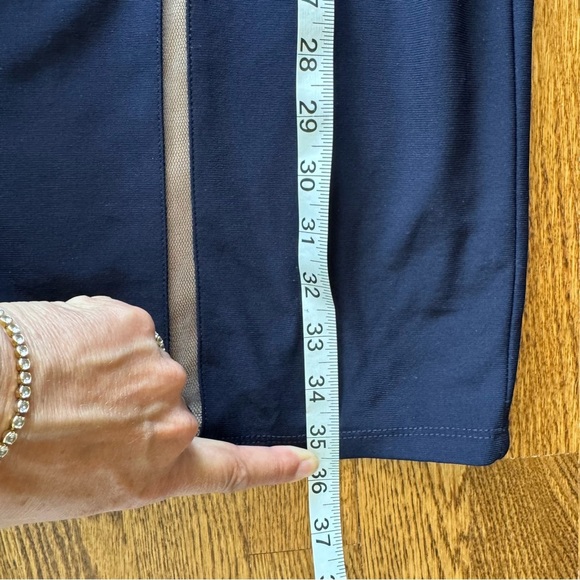 Xscape Designer Navy BodyCon Dress sheer nude accents back zip Cap Sleeves - Picture 6 of 8